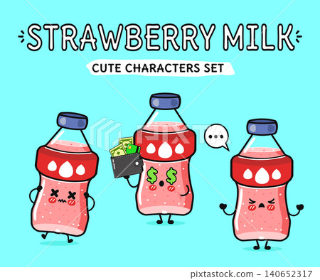 Cute strawberry milk bottle characters expressing emotions and money concept Cute strawberry milk bottle characters expressing emotions and money concept 140652317