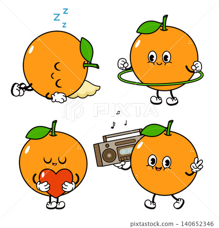 Orange fruit character showing different emotions and activities Orange fruit character showing different emotions and activities 140652346