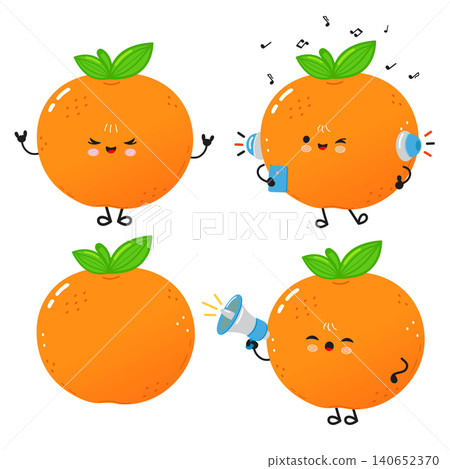 Cute orange fruit characters listening to music and speaking through megaphone Cute orange fruit characters listening to music and speaking through megaphone 140652370
