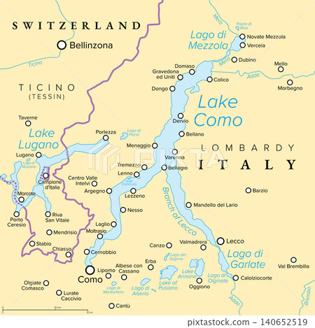Lake Como, a lake in Lombardy, Italy, political map. Lago di Como, also known as Lario, the third-largest lake in Italy, located at the foot of the Alps, and over 400 metres (1,300 ft) deep. Vector Lake Como, a lake in Lombardy, Italy, political map. Lago di Como, also known as Lario, the third-largest lake in Italy, located at the foot of the Alps, and over 400 metres (1,300 ft) deep. Vector 140652519