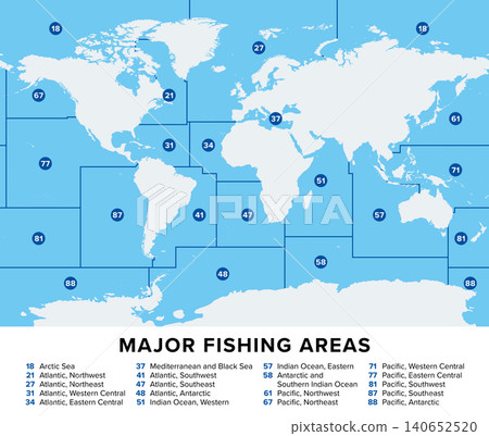 Map of major fishing areas. The most important subdivisions of oceans and seas for commercial fishing. Arctic, Antarctic, Atlantic, Indian Ocean, Pacific, and the Mediterranean and Black Sea. Vector Map of major fishing areas. The most important subdivisions of oceans and seas for commercial fishing. Arctic, Antarctic, Atlantic, Indian Ocean, Pacific, and the Mediterranean and Black Sea. Vector 140652520