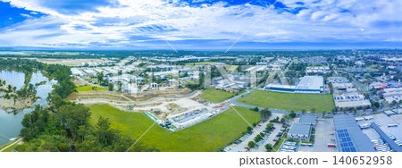 Aerial panoramic view of an industrial area and construction site in Penrith Aerial panoramic view of an industrial area and construction site in Penrith 140652958