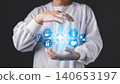 Doctor hand holding virtual interface with health icons. Digital medical technology concept for futuristic healthcare innovation, science analysis, and smart hospital data system. 140653197