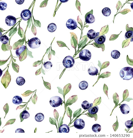 Seamless pattern of watercolor bilberry and blueberry on branches with leaf isolated. Blue forest berries for textile print and organic food wallpaper background. Fresh fruits on shrubs surface design Seamless pattern of watercolor bilberry and blueberry on branches with leaf isolated. Blue forest berries for textile print and organic food wallpaper background. Fresh fruits on shrubs surface design 140653290