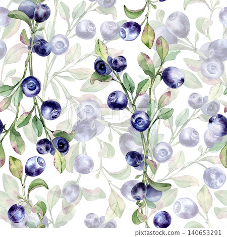 Seamless pattern with hand painted watercolor European blueberry on branch isolated. Botanical repeat illustration of bilberry plant for textile design. Natural wild forest fruit background texture. Seamless pattern with hand painted watercolor European blueberry on branch isolated. Botanical repeat illustration of bilberry plant for textile design. Natural wild forest fruit background texture. 140653291