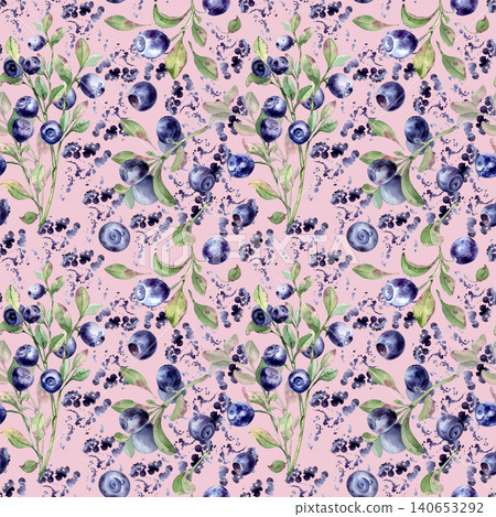 Seamless pattern with bilberry branches on watercolor juice splash background. Botanical repeat texture with berry on pink. Digital textile surface print with vibrant berries. Fresh blueberry print. Seamless pattern with bilberry branches on watercolor juice splash background. Botanical repeat texture with berry on pink. Digital textile surface print with vibrant berries. Fresh blueberry print. 140653292