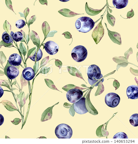 Seamless pattern with hand painted watercolor european blueberry branches. Forest blue berry and leaves on light yellow background for textile or wallpaper design. Fresh summer print with berries. Seamless pattern with hand painted watercolor european blueberry branches. Forest blue berry and leaves on light yellow background for textile or wallpaper design. Fresh summer print with berries. 140653294
