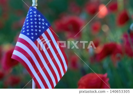 American flag standing proud among red poppies 140653305