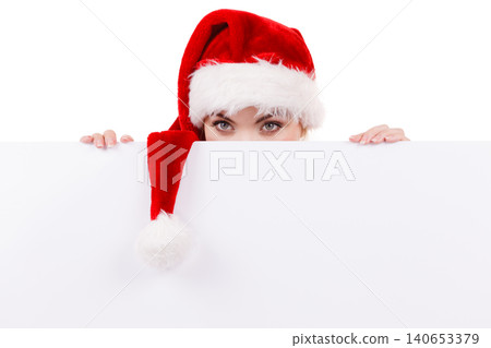 Woman with blank empty banner board. Christmas 140653379