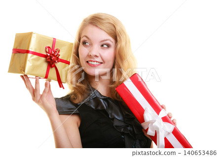 holidays love happiness concept - girl with gift boxes holidays love happiness concept - girl with gift boxes 140653486