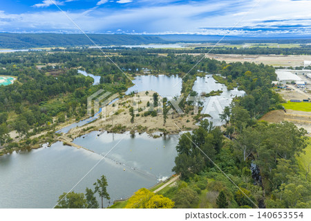 Aerial view of the Penrith Weir on the Nepean River near Penrith Aerial view of the Penrith Weir on the Nepean River near Penrith 140653554