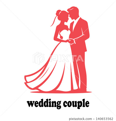Wedding couple icon showing bride and groom silhouette on isolated background 140653562