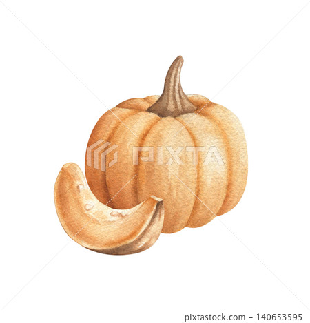 Pumpkin with slice watercolor illustration isolated on white background. Hand drawn colorful composition in warm soft tones for packaging and poster design Pumpkin with slice watercolor illustration isolated on white background. Hand drawn colorful composition in warm soft tones for packaging and poster design 140653595