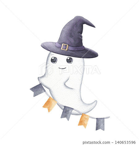 Friendly ghost in witch hat holding bunting flags watercolor illustration isolated on white background. Hand drawn cute welcoming character in cartoon style. Perfect for Halloween posters Friendly ghost in witch hat holding bunting flags watercolor illustration isolated on white background. Hand drawn cute welcoming character in cartoon style. Perfect for Halloween posters 140653596