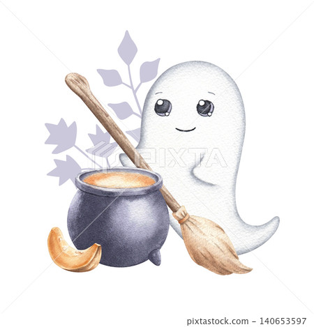 Smiling ghost holding broom with cauldron and pumpkin piece watercolor illustration isolated on white background. Hand drawn cute autumn composition in cartoon style. Perfect for Halloween posters Smiling ghost holding broom with cauldron and pumpkin piece watercolor illustration isolated on white background. Hand drawn cute autumn composition in cartoon style. Perfect for Halloween posters 140653597