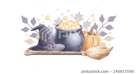 Boiling cauldron with witch hat, broom and pumpkin watercolor illustration isolated on white background. Hand drawn autumn realistic composition in a muted warm color palette. For Halloween poster Boiling cauldron with witch hat, broom and pumpkin watercolor illustration isolated on white background. Hand drawn autumn realistic composition in a muted warm color palette. For Halloween poster 140653598