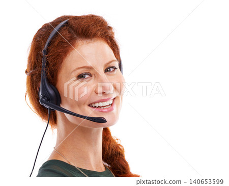 Woman, headset and portrait for consultant in studio, customer service and crm by white background. Female person, mockup space and helpdesk advisor or representative, hotline and technical support 140653599