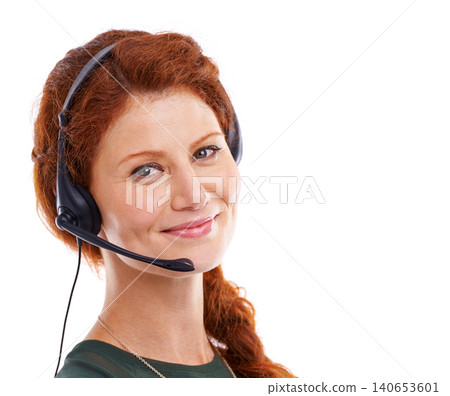 Woman, headset and portrait of agent in studio, customer service and crm by white background. Female person, consultant and helpdesk advisor or representative, mockup space and technical support 140653601