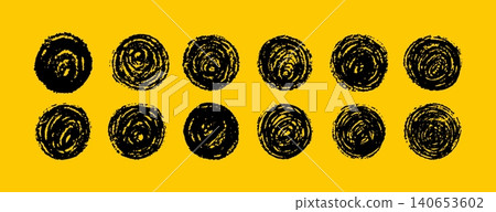 Brush sun rough. Black grunge circle with ink blobs and grainy texture on yellow background. Vector illustration 140653602