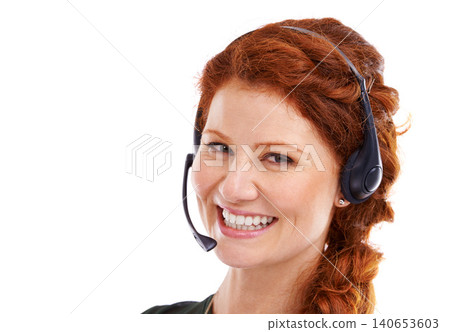 Woman, headset and receptionist portrait in studio, customer service and crm by white background. Female person, consultant and helpdesk advisor or representative, mockup space and technical support 140653603
