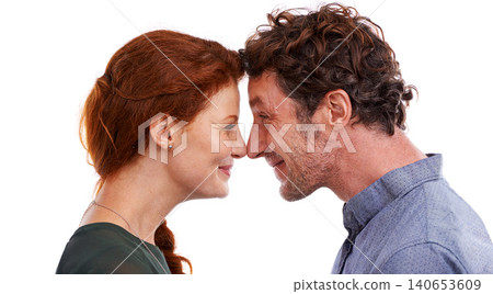 Couple, nose touch and love in studio, romance and smile for relationship on white background. Happy people, commitment and trust in security of marriage, bonding and affection for anniversary Couple, nose touch and love in studio, romance and smile for relationship on white background. Happy people, commitment and trust in security of marriage, bonding and affection for anniversary 140653609