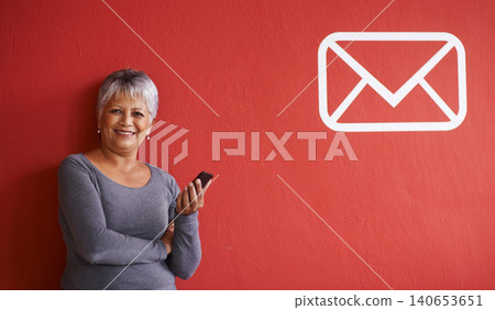 Portrait or woman, smartphone and message in mockup, notification and text on mobile for networking. Elderly person, smile and happy with cellphone for communication, connectivity and phone with tech Portrait or woman, smartphone and message in mockup, notification and text on mobile for networking. Elderly person, smile and happy with cellphone for communication, connectivity and phone with tech 140653651