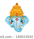 Mask of the Indian god Ganesha, hand-drawn watercolor illustration, cartoon. Design for stickers, cards, scrapbooking, and souvenirs. India, holiday, legends, history, mythology, elephant, human 140653692