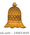 A small bronze bell, hand-drawn watercolor illustration, cartoon. Design for stickers, cards, scrapbooking, and souvenirs. India, holiday, legends, festival, mythology, ringing 140653695
