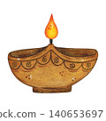Oil lamp, hand-drawn watercolor illustration, cartoon. Design for stickers, cards, scrapbooking, and souvenirs. India, holiday, legends, festival, light, fire 140653697