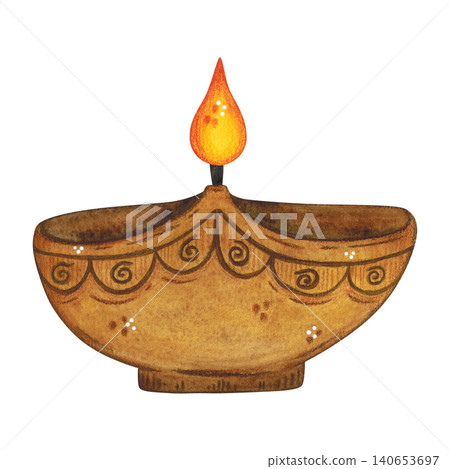 Oil lamp, hand-drawn watercolor illustration, cartoon. Design for stickers, cards, scrapbooking, and souvenirs. India, holiday, legends, festival, light, fire 140653697