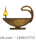 Oil lamp with a large handle, hand-drawn watercolor illustration, cartoon. Design for stickers, cards, scrapbooking, and souvenirs. India, holiday, legends, festival, light, fire 140653715