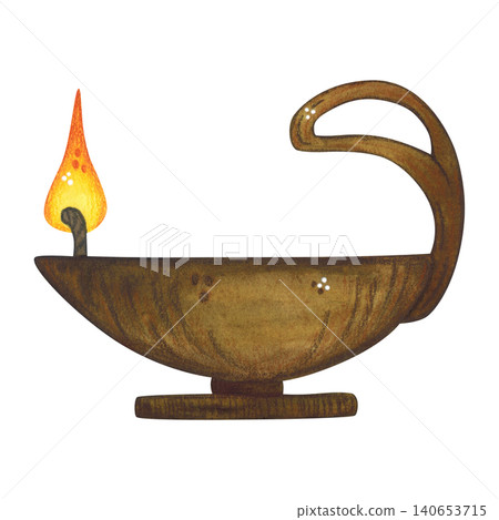 Oil lamp with a large handle, hand-drawn watercolor illustration, cartoon. Design for stickers, cards, scrapbooking, and souvenirs. India, holiday, legends, festival, light, fire Oil lamp with a large handle, hand-drawn watercolor illustration, cartoon. Design for stickers, cards, scrapbooking, and souvenirs. India, holiday, legends, festival, light, fire 140653715