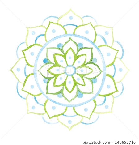 Large Indian blue-green mandala, hand-drawn watercolor illustration, cartoon. Design for stickers, cards, scrapbooking, and souvenirs. India, holiday, legends, festival, gods, drawing, ornament Large Indian blue-green mandala, hand-drawn watercolor illustration, cartoon. Design for stickers, cards, scrapbooking, and souvenirs. India, holiday, legends, festival, gods, drawing, ornament 140653716