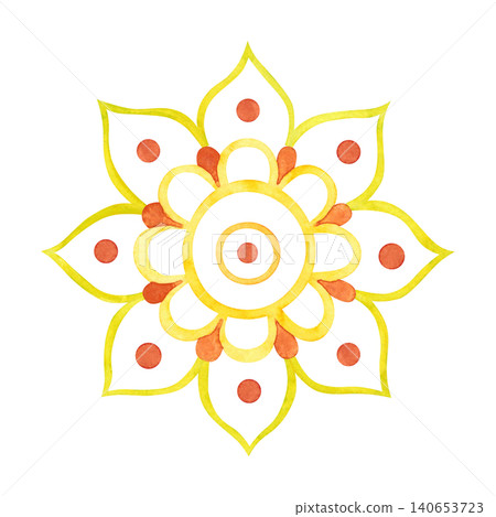 A colorful Indian mandala, hand-drawn watercolor illustration, cartoon. Design for stickers, cards, scrapbooking, and souvenirs. India, holiday, legends, festival, gods, drawing, ornament A colorful Indian mandala, hand-drawn watercolor illustration, cartoon. Design for stickers, cards, scrapbooking, and souvenirs. India, holiday, legends, festival, gods, drawing, ornament 140653723