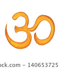 Indian Om sign, hand-drawn watercolor illustration, cartoon. Design for stickers, cards, scrapbooking, and souvenirs. India, holiday, legends, festival, gods, drawing, ornament 140653725