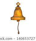 Bronze bell with a rope, hand-drawn watercolor illustration, cartoon. Design for stickers, cards, scrapbooking, souvenirs. India, holiday, legends, festival, mythology, bell 140653727