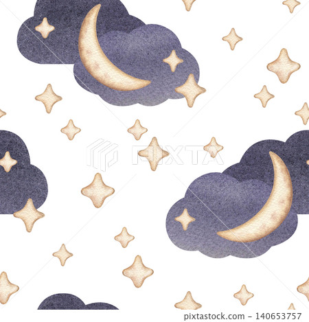 Watercolor seamless pattern with crescent moons, stars, and purple clouds. Hand drawn cute illustration of celestial elements. Perfect for nursery decor and children's clothing Watercolor seamless pattern with crescent moons, stars, and purple clouds. Hand drawn cute illustration of celestial elements. Perfect for nursery decor and children's clothing 140653757