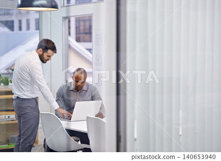 Help, business people and men with a laptop, coaching and conversation with advice and explain system. Staff, professional and supervisor with agent and consultant with computer or corporate training 140653940