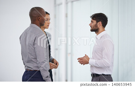 Men, woman and group discussion in office with ideas, huddle or listen in collaboration at company. Business people, teamwork and meeting with advice in scrum with conversation in corporate workplace Men, woman and group discussion in office with ideas, huddle or listen in collaboration at company. Business people, teamwork and meeting with advice in scrum with conversation in corporate workplace 140653945
