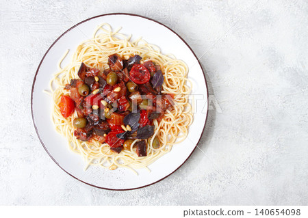 spaghetti with Sicilian caponata, vegetable stew, Italian cuisine, homemade, no people, spaghetti with Sicilian caponata, vegetable stew, Italian cuisine, homemade, no people, 140654098