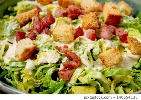 Brussels sprouts Caesar salad, with bacon and croutons, healthy food, homemade, no people, Brussels sprouts Caesar salad, with bacon and croutons, healthy food, homemade, no people, 140654133