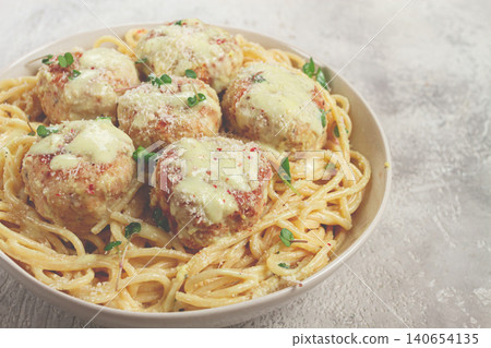 spaghetti with chicken meatballs, with cream sauce, and parmesan cheese, and decorated with microgreens, homemade, no people, spaghetti with chicken meatballs, with cream sauce, and parmesan cheese, and decorated with microgreens, homemade, no people, 140654135
