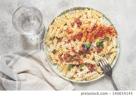 fusilli pasta with cheese and bacon, homemade, no people, fusilli pasta with cheese and bacon, homemade, no people, 140654145