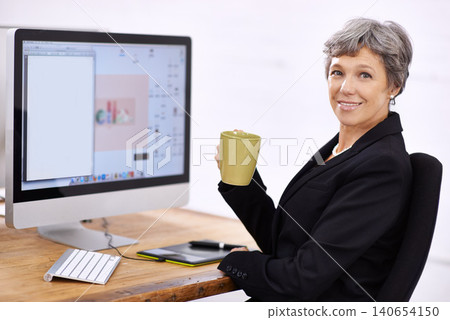 Business woman, portrait and senior professional in office at computer with coffee and email. Tech, desk and happy executive with online job and confidence from startup career with operations manager Business woman, portrait and senior professional in office at computer with coffee and email. Tech, desk and happy executive with online job and confidence from startup career with operations manager 140654150