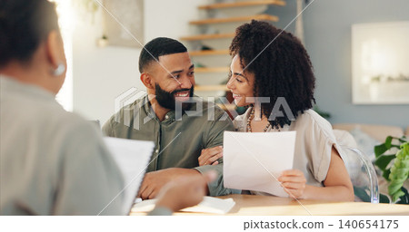Finance, documents and couple in home with broker for advice on portfolio investment or savings. Paper, money or financial advisor with man and woman in apartment for contract or insurance consulting Finance, documents and couple in home with broker for advice on portfolio investment or savings. Paper, money or financial advisor with man and woman in apartment for contract or insurance consulting 140654175