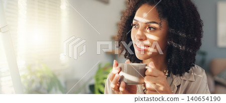 Thinking, calm and woman with coffee by window in apartment for relaxing weekend morning routine. Smile, peace and young female person drinking cappuccino, tea or latte in cup at modern home. Thinking, calm and woman with coffee by window in apartment for relaxing weekend morning routine. Smile, peace and young female person drinking cappuccino, tea or latte in cup at modern home. 140654190