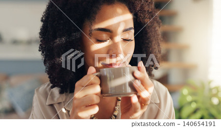 Smile, calm and woman with coffee by window in apartment for relaxing weekend morning routine. Happy, peace and young female person drinking cappuccino, tea or latte in cup with aroma at modern home. Smile, calm and woman with coffee by window in apartment for relaxing weekend morning routine. Happy, peace and young female person drinking cappuccino, tea or latte in cup with aroma at modern home. 140654191