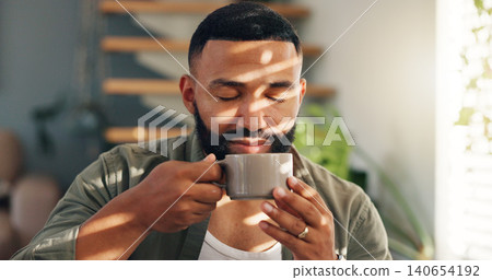 Smile, calm and man with coffee by window in apartment for relaxing weekend morning routine. Happy, peace and young male person drinking cappuccino, tea or latte in cup with aroma at modern home. Smile, calm and man with coffee by window in apartment for relaxing weekend morning routine. Happy, peace and young male person drinking cappuccino, tea or latte in cup with aroma at modern home. 140654192