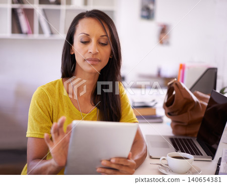 Office, laptop and business black woman on tablet for website, networking and internet for startup career. Creative agency, online and person with digital tech for planning, research and social media 140654381