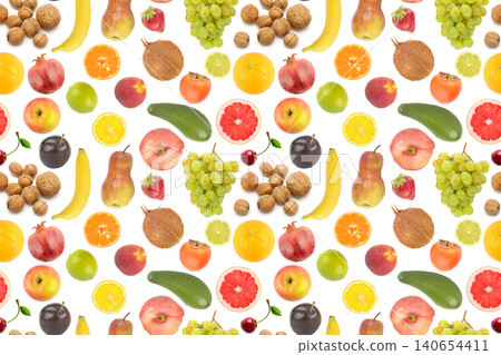Realistic high-definition image featuring attractive seamless pattern with mixed organic fruits and nuts arranged on pristine white studio background providing lots of copy space for commercial use. Realistic high-definition image featuring attractive seamless pattern with mixed organic fruits and nuts arranged on pristine white studio background providing lots of copy space for commercial use. 140654411